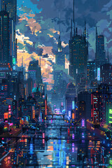 Obraz premium Capture the essence of Impressionism merging with a futuristic cityscape background Use pixel art technique to showcase the union of past and future