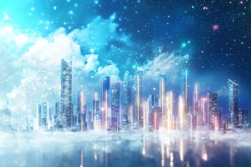 Futuristic Cityscape with Bright Lights and Starry Sky Above Shimmering Fog Creating an Enchanting Atmosphere of Modern Urban Living and Cosmic Wonder