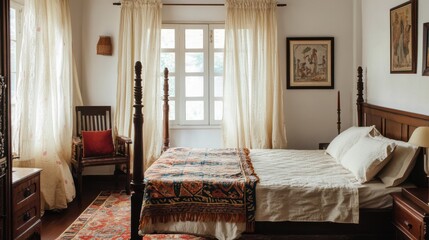 Traditional Indian bedroom blends comfort and cultural charm with wooden furniture and decorative textiles