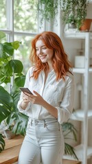 Cheerful woman enjoying a moment with her smartphone surrounded by vibrant greenery indoors