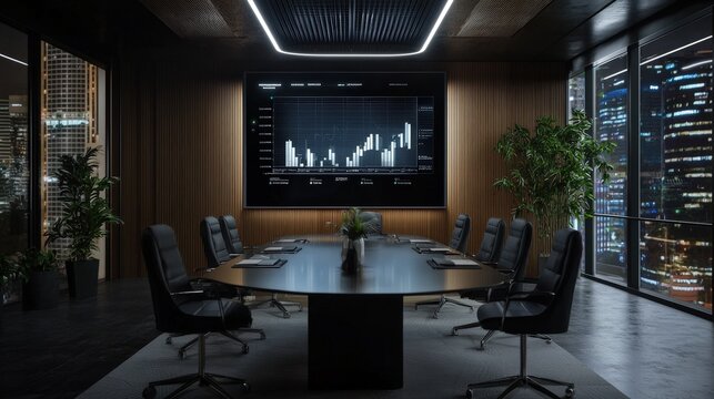 A modern boardroom with a large round table, stylish chairs, and a digital display showing data trends against a city skyline backdrop.