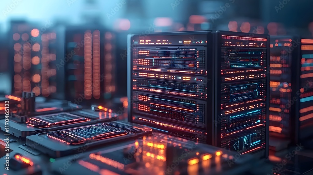 Poster Futuristic visualization of quantum computing resources hosted in a cloud environment featuring glowing servers and dynamic analytics leaving copy space at the top for design