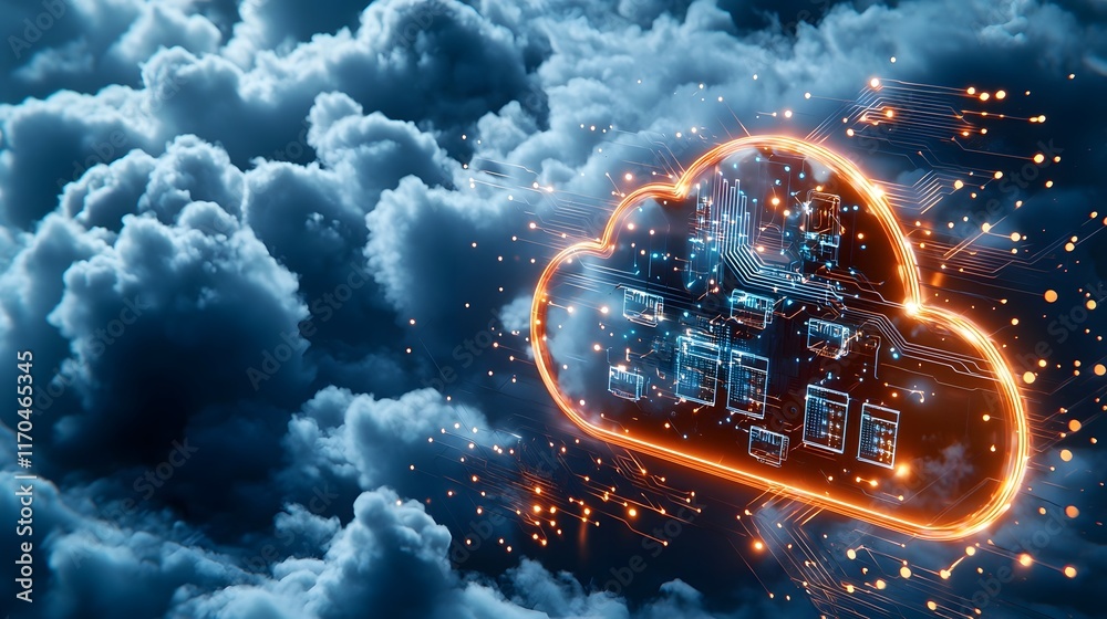 Poster a sleek cloud infrastructure powered by quantum computing with luminous circuits and holographic int