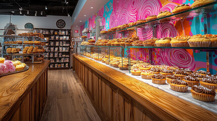 Bright bakery interior with cupcakes and pastries display.