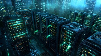 Fototapeta premium A futuristic data center with quantum computing servers emitting glowing blue and green lights surrounded by holographic data streams