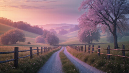 Fototapeta premium Gravel road leading through blooming fields at sunrise in spring