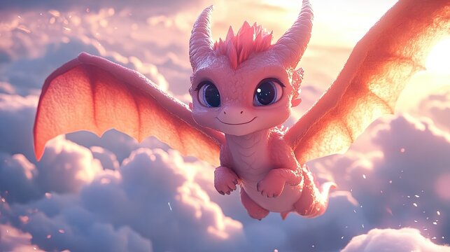Cute pink dragon flying in sunset clouds.