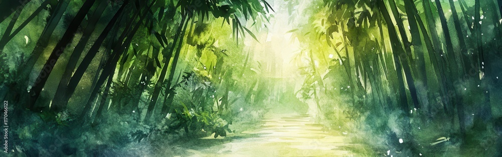 Poster lush bamboo forest path illuminated by gentle sunlight in a serene watercolor backdrop