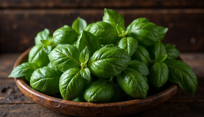 Fresh Basil Leaves in Wooden Bowl