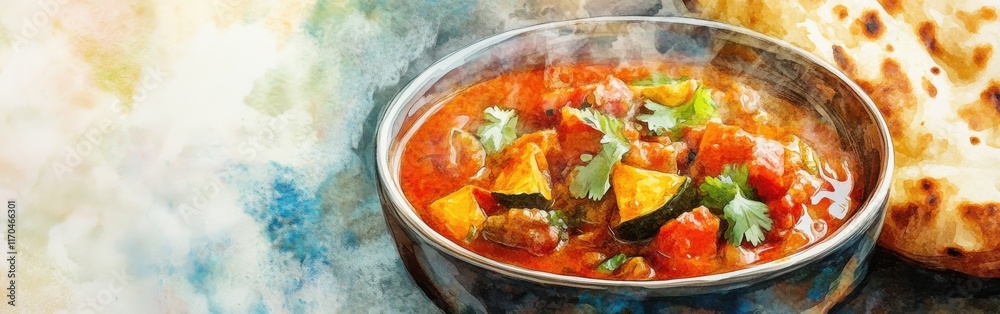Poster close-up view of steaming vegetable curry served with warm flatbread on a watercolor background