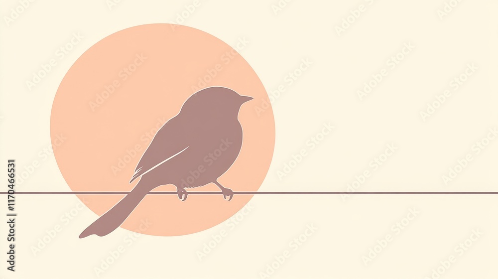 Poster silhouette of a bird perched on a wire against a soft background in warm sunlight