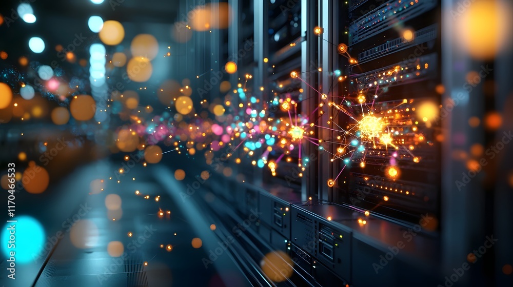 Poster futuristic advanced data center powered by vibrant quantum technology connections and glowing entang