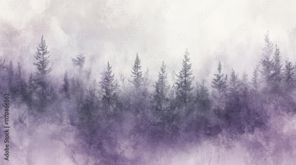 Poster muted lavender and gray forest landscape with tall trees and soft atmospheric background
