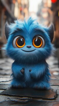Adorable blue furry creature with big eyes sitting on a cobblestone street.