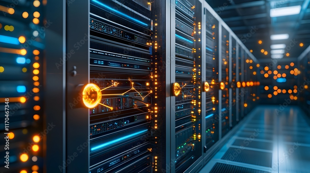 Poster a quantum powered data center with interconnected glowing nodes and futuristic server racks leaving 