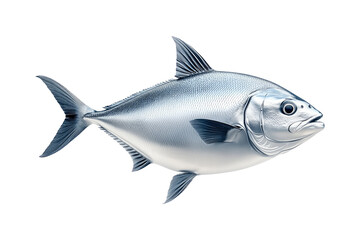 Obraz premium Closeup of a silver tuna fish with smooth scales, sharp fins and a sleek body isolated on white transparent background.
