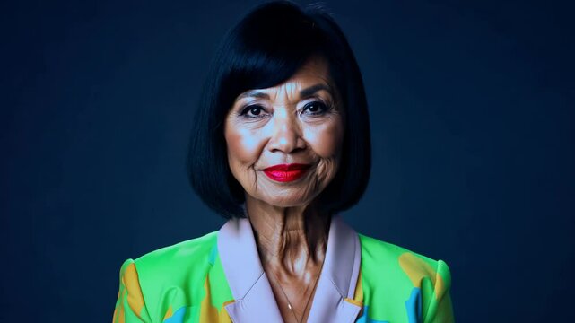 Confident middle-aged Asian woman with sleek black hair and bold red lipstick wears a retro-style jacket in neon colors against a navy blue background, exuding elegance and sophistication