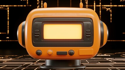 Retro orange robot screen glowing dark grid