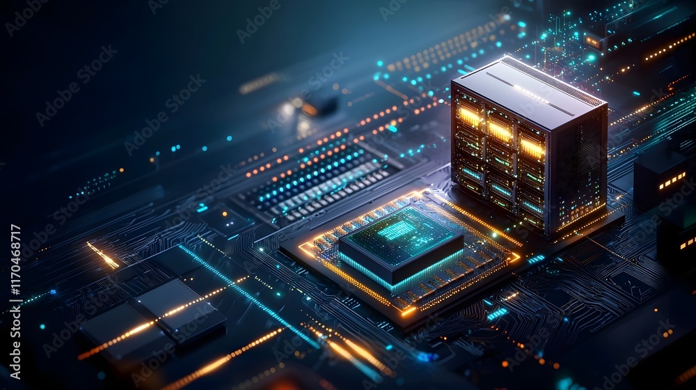 Poster Futuristic Server Room Showcasing Quantum Computing Technology with Vibrant Data Flows and Illuminated Processors  The image depicts a modern data center with advanced computing infrastructure