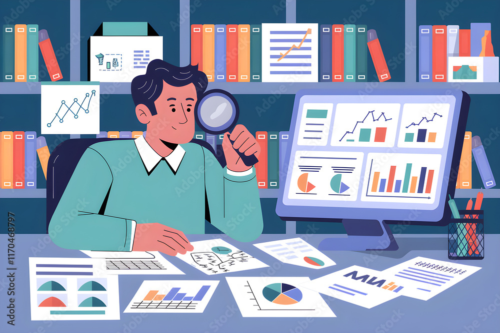 Poster financial analyst examining charts and graphs with magnifying glass in office