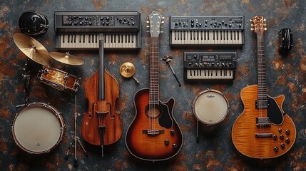 Naklejka premium Musical Instruments Arranged For A Band Performance