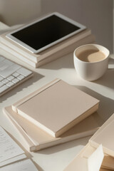 Serene Workspace Flat-Lay Featuring Notebooks, Tablet, and Coffee Set Against a Neutral Backdrop During Afternoon Light