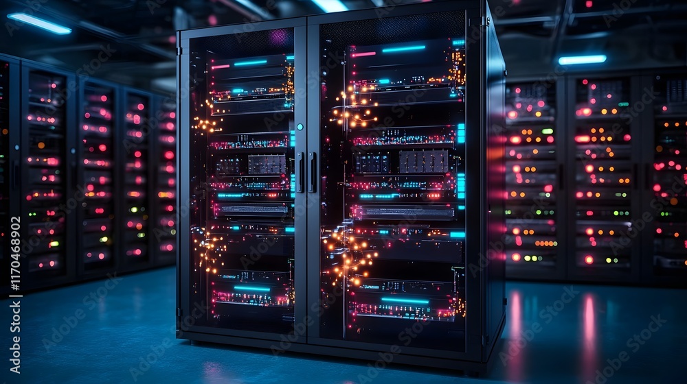 Poster glowing virtual twin of quantum data center highlighting advanced qubit analytics and futuristic dig