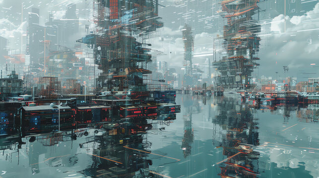 Explore unexpected camera angles to depict a fusion of dystopian urban landscapes and maritime elements in a digital glitch art interpretation, creating a surreal and thought-provoking composition tha
