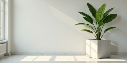 Minimalist Interior Design Sunlit Room with a Green Plant in a Square Pot