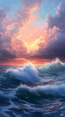 Fototapeta premium Vibrant sunset over crashing waves in an ocean landscape.