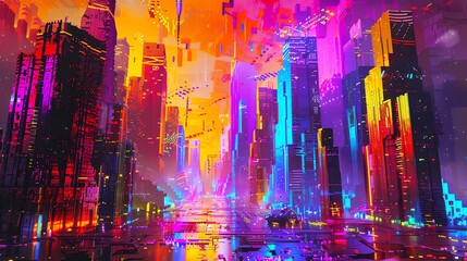 Obraz premium Illustrate a futuristic cityscape in pixel art form, with abstract geometric shapes in a symphony of neon colors, using glitch art techniques to portray a surreal and edgy landscape