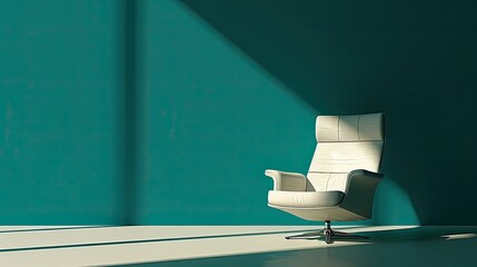 White leather armchair in sunlit teal room.
