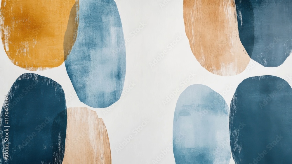 Poster elegant pencil strokes create abstract shapes in muted blue tones with contrasting earthy hues in a 