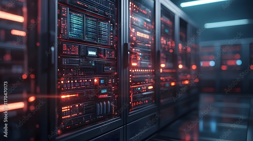 Poster glowing quantum server array integrated within a futuristic data center design showcasing vibrant en