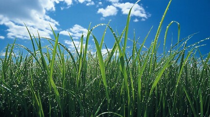 Obraz premium Dew-kissed rice field under sunny sky; nature background