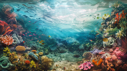 Fototapeta premium Illustrate the surrealism movement against a backdrop of a serene underwater world Emphasize intricate details using watercolor medium for a dreamlike effect