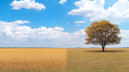 Obraz premium Half photo highlighting the effects of climate change: a cracked dry earth with a dead tree on the left, and a fertile green field on the right