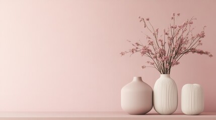 Elegant display of vases with muted gradient background and delicate floral arrangement in soft pink tones