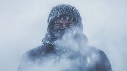 Man's face partially obscured by snow, blizzard, cold weather.