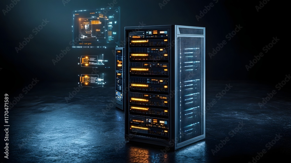 Poster futuristic quantum data center environment with glowing server racks and holographic data flow visua