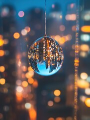Obraz premium Close-up view of a raindrop on a windowpane reflecting city lights at night