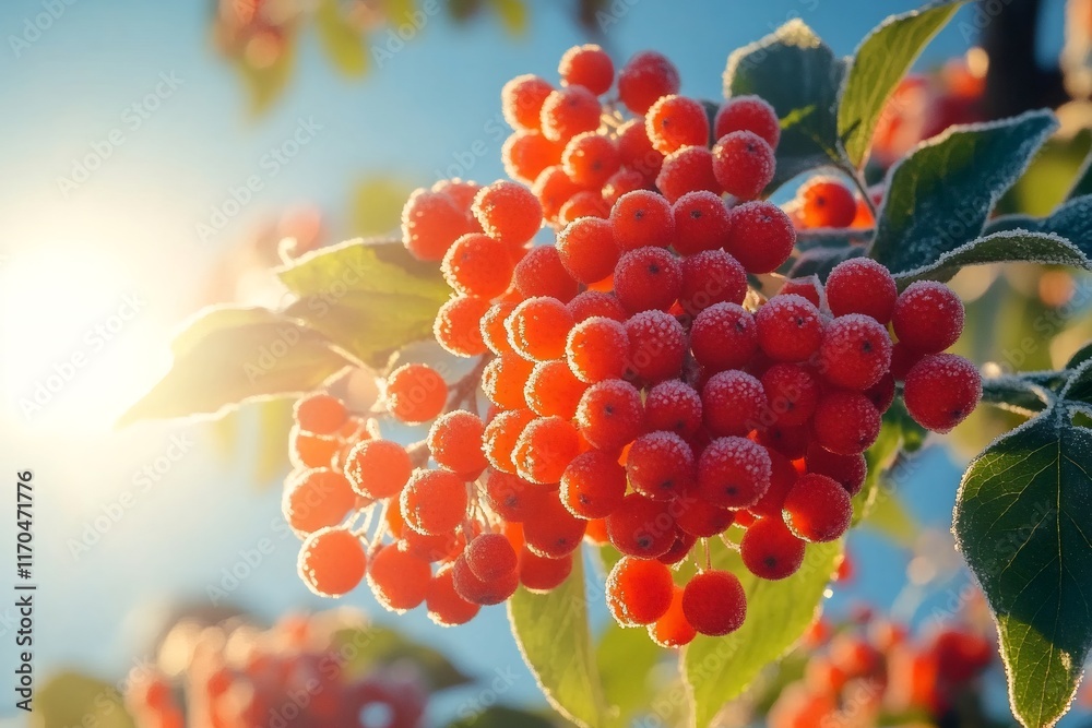 Poster sunlight shining on frosted red berries in winter