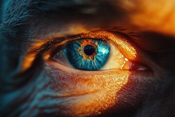 Senior man showing amazing blue eye with orange reflections