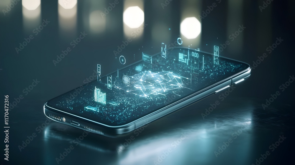 Poster glowing futuristic smartphone powered by quantum computing technology featuring holographic data pro