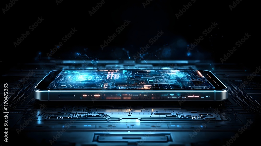 Poster a cutting edge futuristic smartphone powered by quantum computing featuring holographic data project