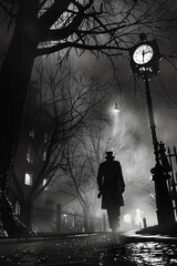 Unleash the mystery in a unique artistic blend by integrating a worms-eye view of environmental backgrounds Channel the essence of classic detective tales in mesmerizing black and white photography, p