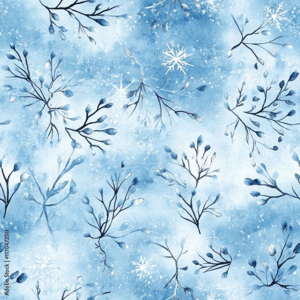 Poster intricate cartoon doodle designs featuring snowflakes and delicate branches on a soft blue backgroun
