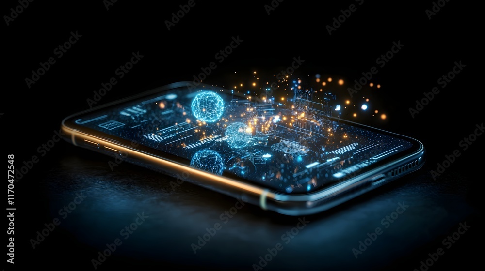 Poster futuristic quantum powered smartphone with sleek holographic data projections and advanced ai driven