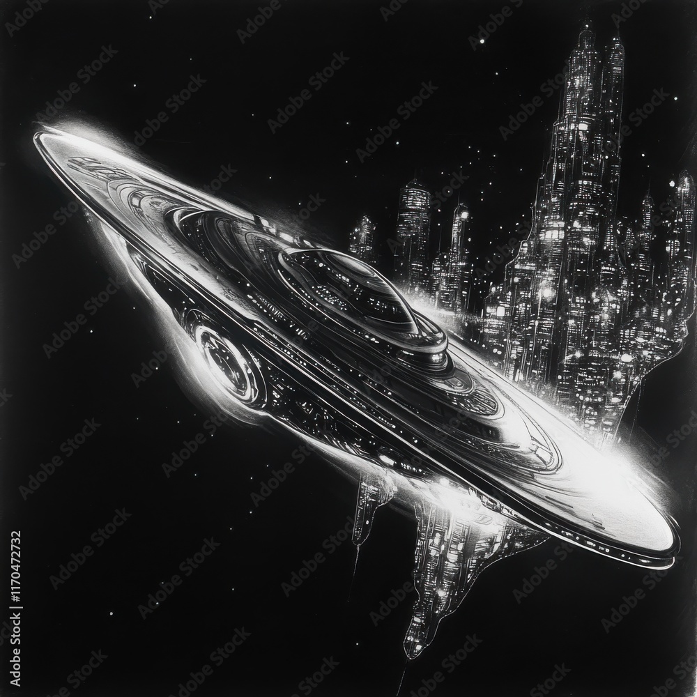 Poster sleek alien spaceship hovering above a futuristic cityscape illuminated by distant stars at night