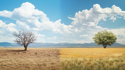 Obraz premium Half photo highlighting the effects of climate change: a cracked dry earth with a dead tree on the left, and a fertile green field on the right
